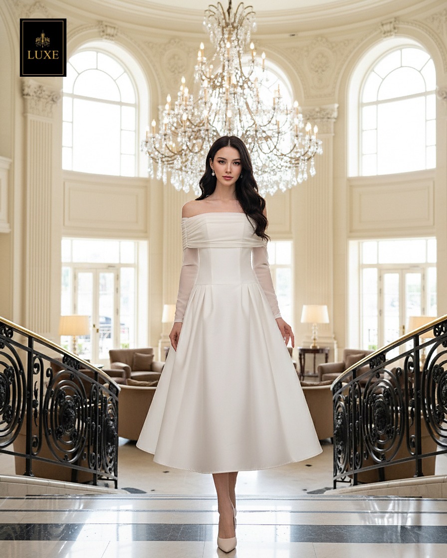 เดรสแฟชั่น เดรสเสื้อแขนยาวเปิดไหล่ กระโปรงยาวคลุมเข่า แขนเสื้อซีทรู