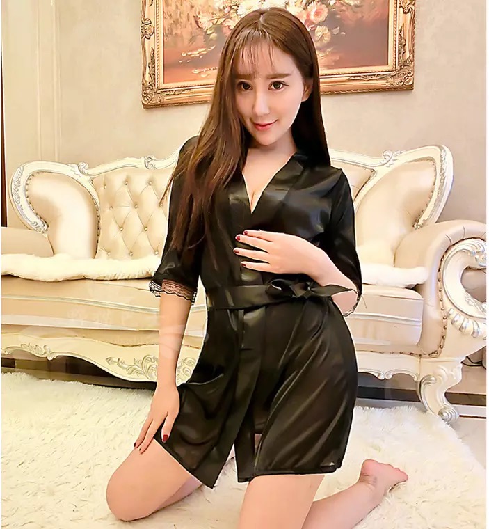 ชุดคลุมเซ็กซี่ ชุดคลุมนอน คลุมอาบน้ำ แต่งลูกไม้ปลายแขน +สายผูกเอว +G-string เข้าชุด