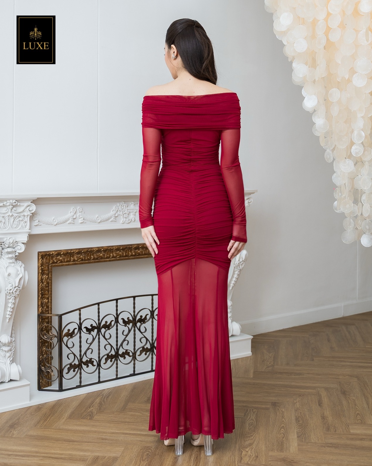 เดรสแฟชั่น แม็กซี่เดรส เสื้อแขนยาวเปิดไหล่ ดีเทลจับเดรป