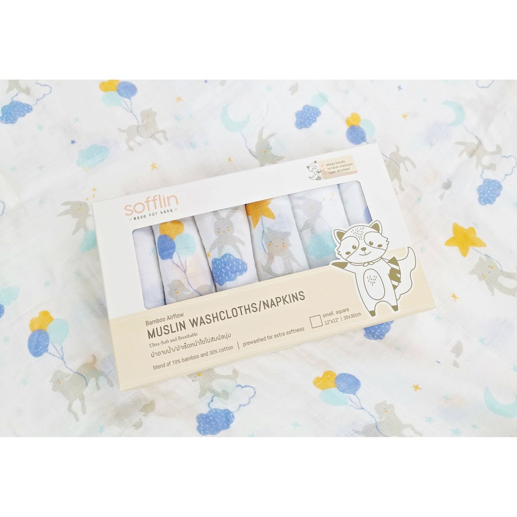 Sofflin ผ้าอาบน้ำ ผ้าเช็ดหน้ามัสลินใยไผ่ ขนาด 12 นิ้ว(แพ็ค 6ชิ้น)