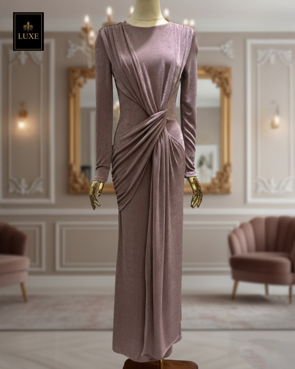 เดรสแฟชั่น แม็กซี่เดรสเสื้อคอกลมแขนยาว เสริมไหล่ กระโปรงยาวคลุมข้อเท้า