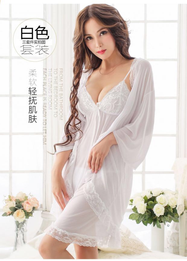 ชุดคลุม เซ็ท ชุดนอนสายเดี่ยว แต่งระบายเนื้อผ้าซีทรู สีม่วง ผ้าเกรดพรีเมี่ยม ทิ้งตัว สวยหรู มีน้ำหนัก