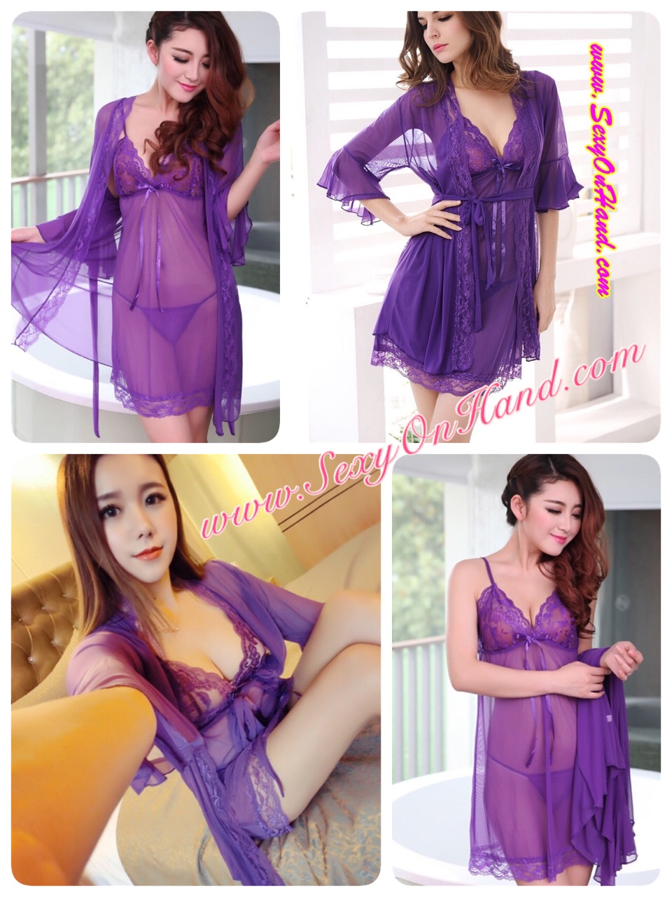 ชุดคลุม เซ็ท ชุดนอนสายเดี่ยว แต่งระบายเนื้อผ้าซีทรู สีม่วง ผ้าเกรดพรีเมี่ยม ทิ้งตัว สวยหรู มีน้ำหนัก