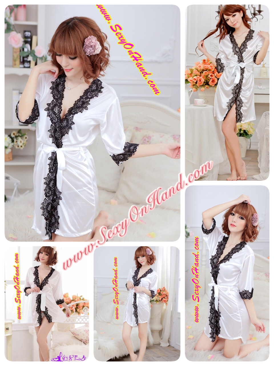 ชุดคลุม ชุดนอน เซ็กซี่ ชุดคลุมนอน คลุมอาบน้ำ ชุด ผ้าไหมเทียม ผ้านุ่มลื่น เย็นสบาย สีขาวเล่นขอบลูกไม้สีดำ หรูมาก พร้อมสายผูก +จีสตริง
