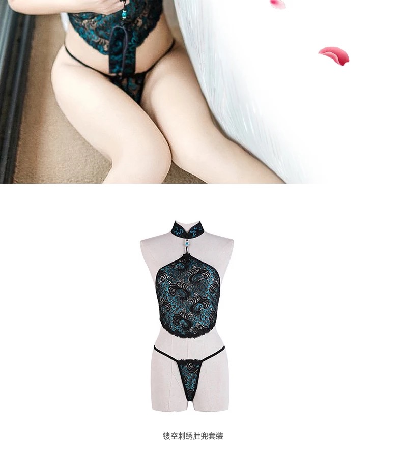 ชุดนอน คล้องคอ กึ่งคอร์เซ็ต ลายแพนนกยูงสีเขียว แต่งลายสวย หรูมากคะ+ถุงน่อง+ จีสตริงเจ้าชุด สำเนา