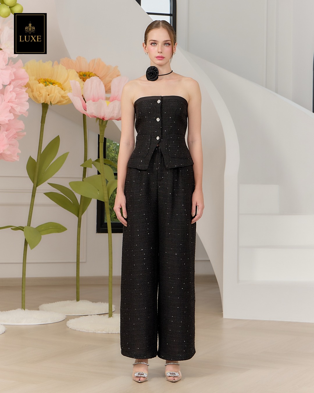 ชุดเซทแฟชั่น เซ็ตเสื้อเกาะอกทรงหลวม+กางเกงเอวสูงขากระบอกกว้าง