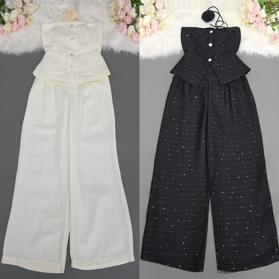 ชุดเซทแฟชั่น เซ็ตเสื้อเกาะอกทรงหลวม+กางเกงเอวสูงขากระบอกกว้าง