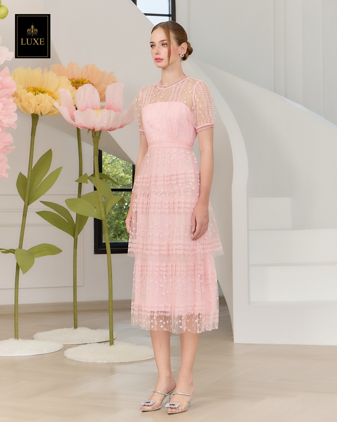 เดรสแฟชั่น เดรสเสื้อคอกลมแขนสั้น กระโปรงอัดพลีท3ชั้น