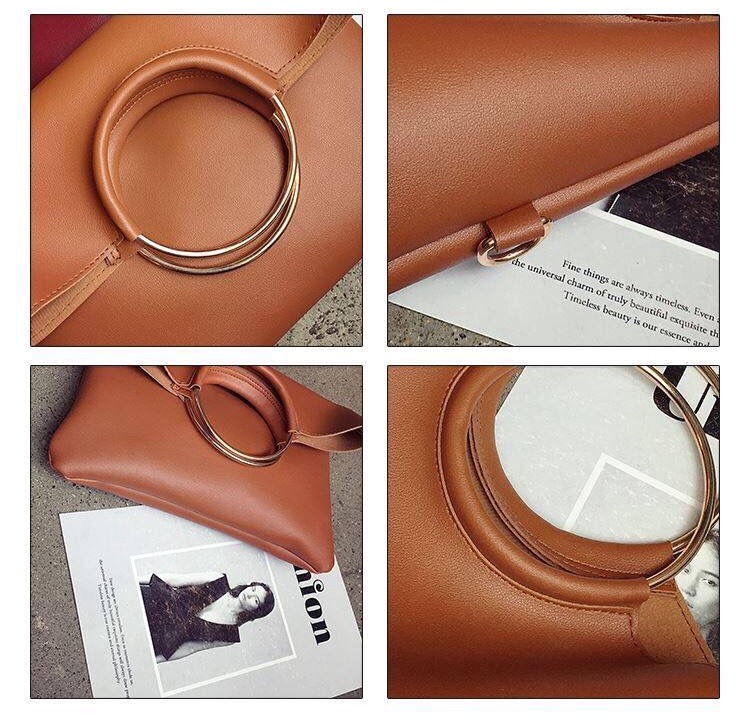 กระเป๋าสะพายข้างสีน้ำตาล กระเป๋าคลัชมือ แต่งห่วงทอง สวย แนว เท่ห์ๆคะ+กระเป๋าเล็ก ไซส์ลูก ด้านใน 2ชิ้น สุดคุ้ม สวยเก๋ มากคะ Size:ยาว29xสูง32xหนา4cm