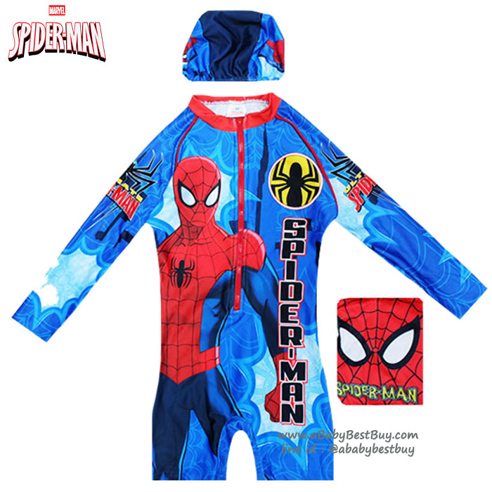 ฮ(สำหรับเด็กอายุ 6เดือน-14 ปี) Swimsuit for Boys ชุดว่ายน้ำ เด็กผู้ชาย Spiderman บอดี้สูท กางเกงขายาว มาพร้อมหมวกว่ายน้ำและถุงผ้า สุดเท่ห์ ใส่สบาย ลิขสิทธิ์แท้