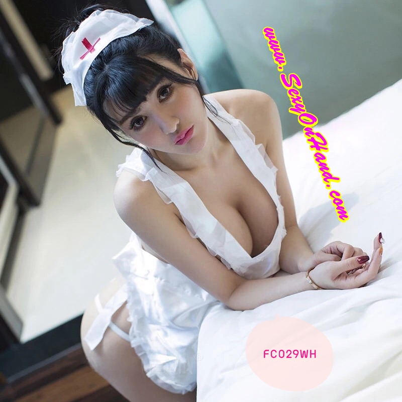 ชุดแฟนซี พยาบาล ผ้ากันเปื้อน ปักลาย พร้อมแต่งชายระบาย + คาดผม นางพยาบาล+ G-string เข้าชุดคะ