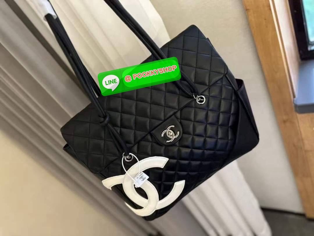 CHANEL Black Lambskin Leather Cambon Handbag Limited Edition White CC Logo RARE