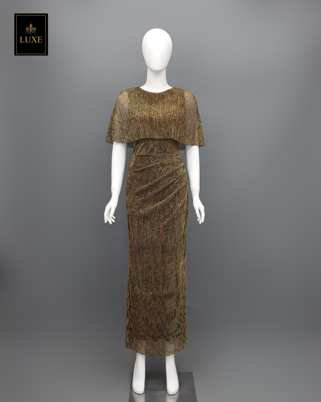 เดรสแฟชั่น เดรสเสื้อคอกลมแขนกุด ดีเทลเป็นเสื้อคลุมไหล่ในตัว กระโปรงทรงสอบจับเดรป