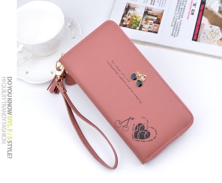 Purse Bags Wallet For Women Ladies Bag Long Pocket Leather กระเป๋าสตางค์ใบยาวแบบซิปรอบ CHERRY มีสายคล้องมือ