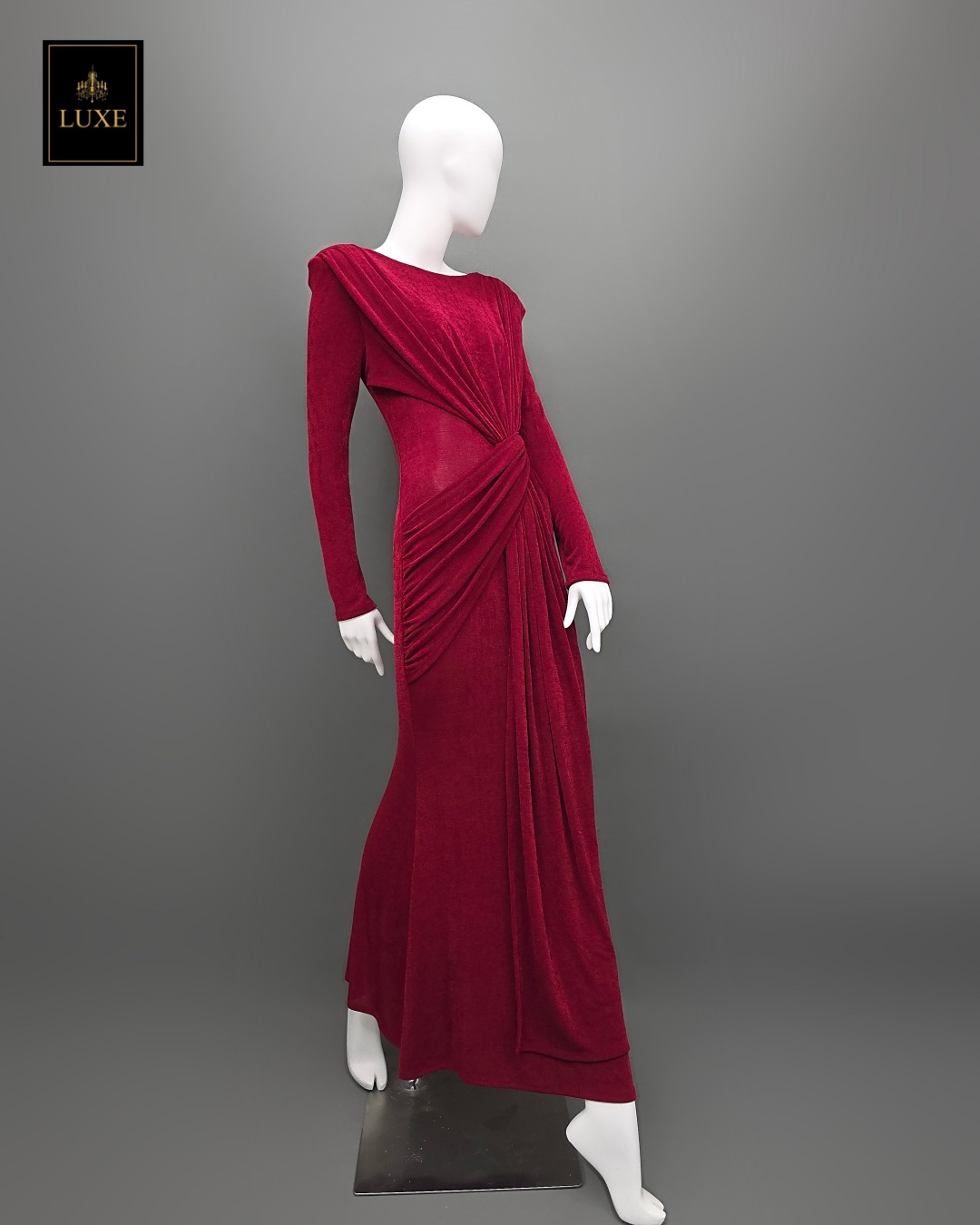 เดรสแฟชั่น แม็กซี่เดรสเสื้อคอกลมแขนยาว เสริมไหล่ กระโปรงยาวคลุมข้อเท้า