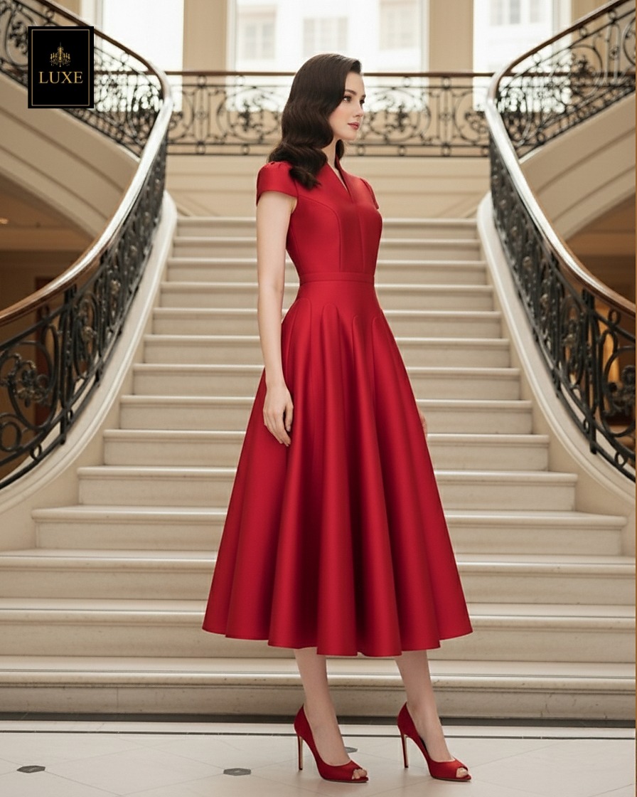 เดรสแฟชั่น เดรสเสื้อคอตั้ง แขนสั้น กระโปรงบาน