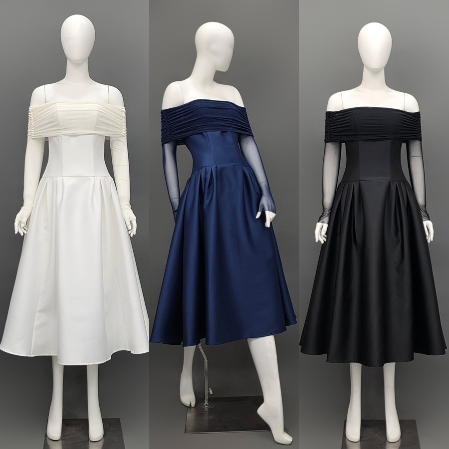 เดรสแฟชั่น เดรสเสื้อแขนยาวเปิดไหล่ กระโปรงยาวคลุมเข่า แขนเสื้อซีทรู