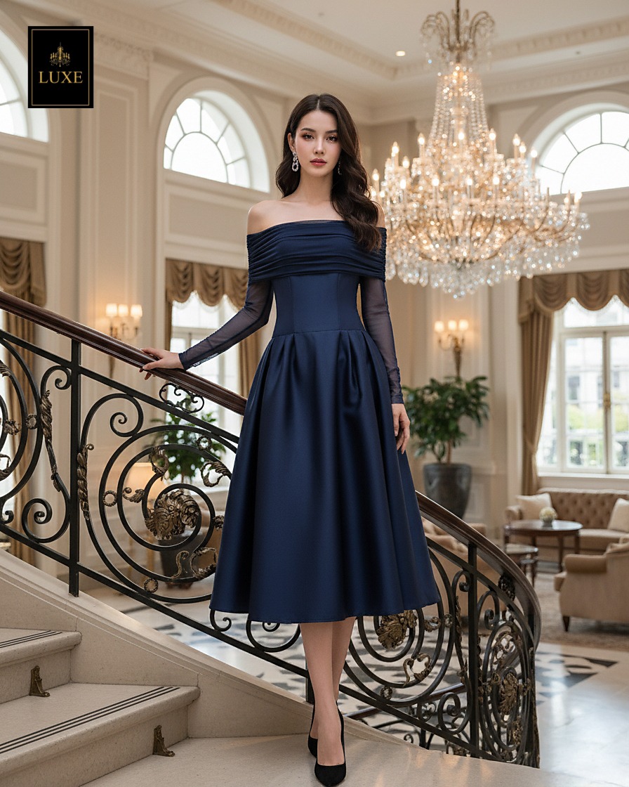 เดรสแฟชั่น เดรสเสื้อแขนยาวเปิดไหล่ กระโปรงยาวคลุมเข่า แขนเสื้อซีทรู