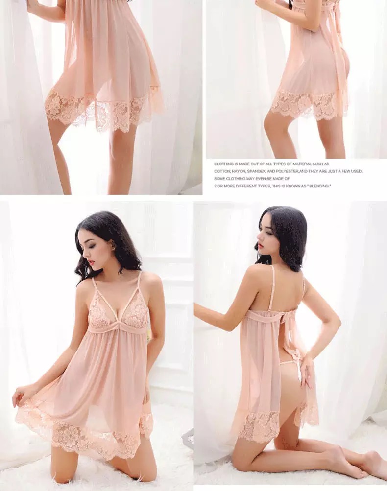 ชุดนอน เดรสซีทรู สีพีช แต่งลูกไม้ซีทรู เนื้อผ้าสวย ทิ้งตัว คุณหนูมากๆคะ