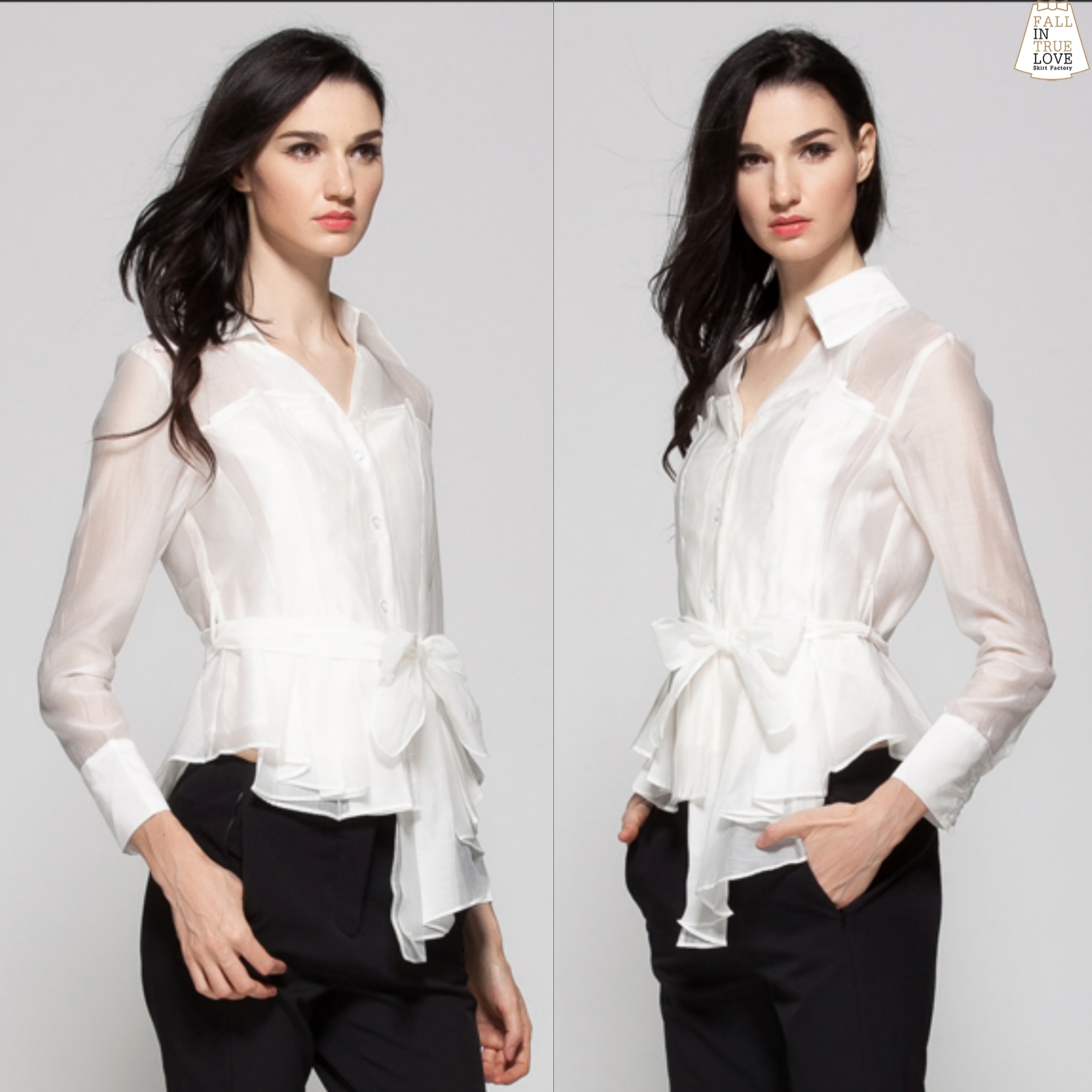 เสื้อแฟชั่น เสื้อเชิ้ตคอวีจับจีบทวิสต์ช่วงตัวรอบตัวหน้าหลังแบบเรียบหรู