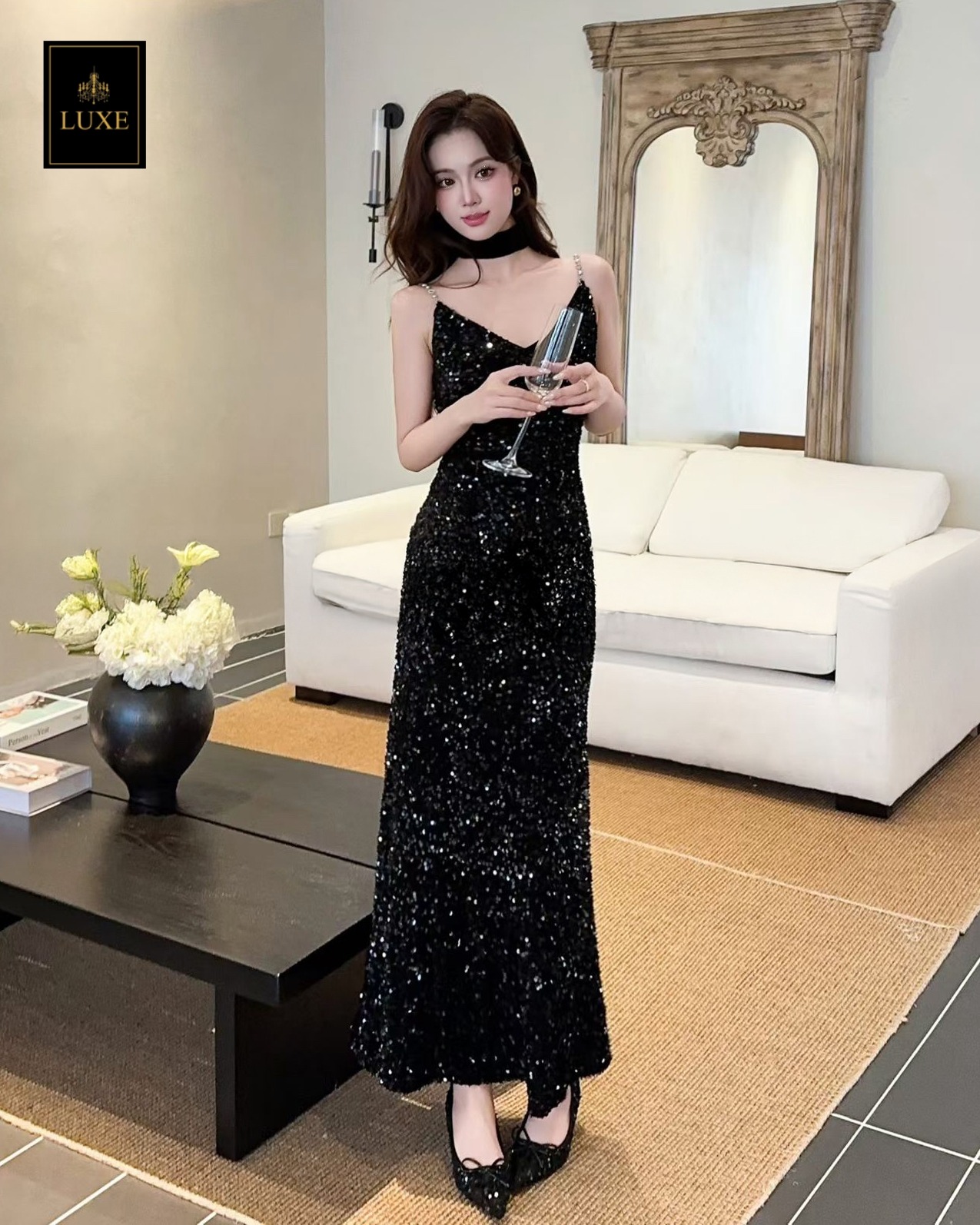 เดรสแฟชั่น เดรสเสื้อสายเดี่ยว กระโปรงยาวทางเอ