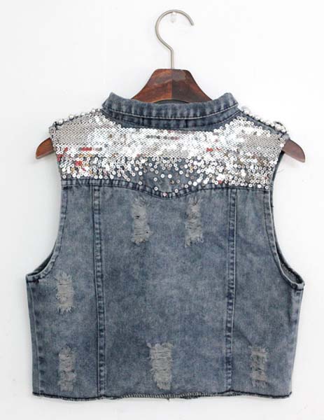 เสื้อผ้าแฟชั่นนำเข้า : เสื้อกั๊กยีนส์ พร้อมส่ง มีปก ปักมุกช่วงบน ด้านหลังแต่งเลื่อม สียีนส์