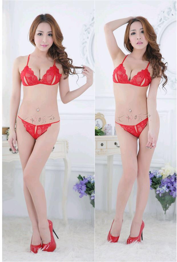 ชุดชั้นใน ชุดบิกินี่ ลูกไม้เซ็กซี่ ซีทรู สีแดง สวยเซ็กซี่ พร้อม จีสตริงเข้าชุด