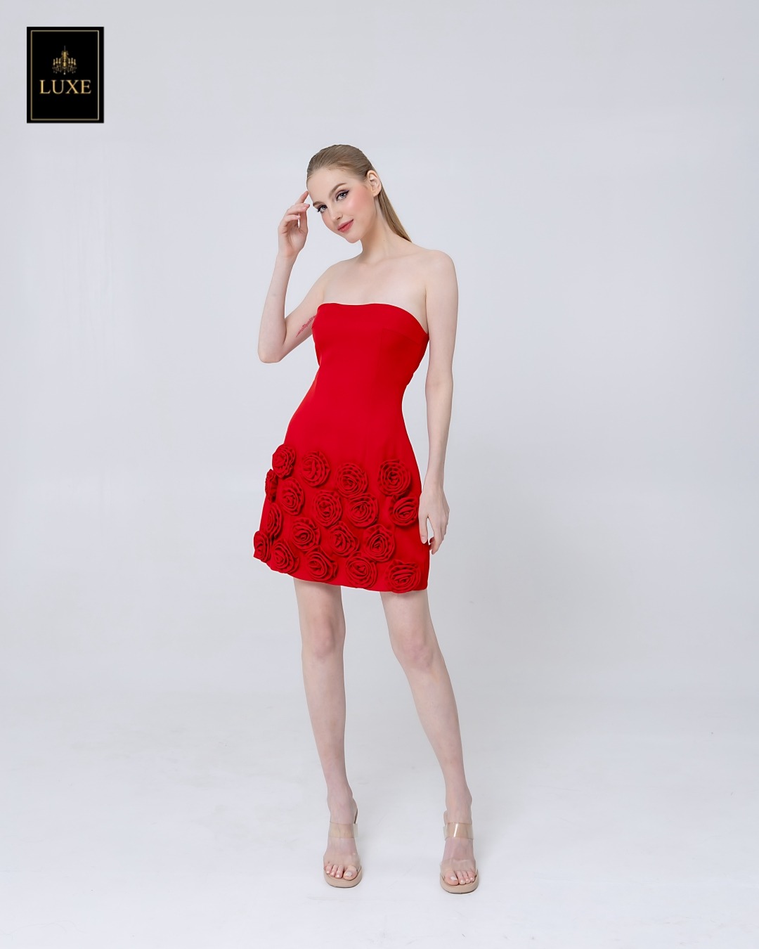 เดรสแฟชั่น เดรสเสื้อเกาะอก กระโปรงทรงเอ ทำจากผ้าฝ้ายผสมโพลีเอสเตอร์ เนื้อนุ่มยืดหยุ่น ใส่สบาย