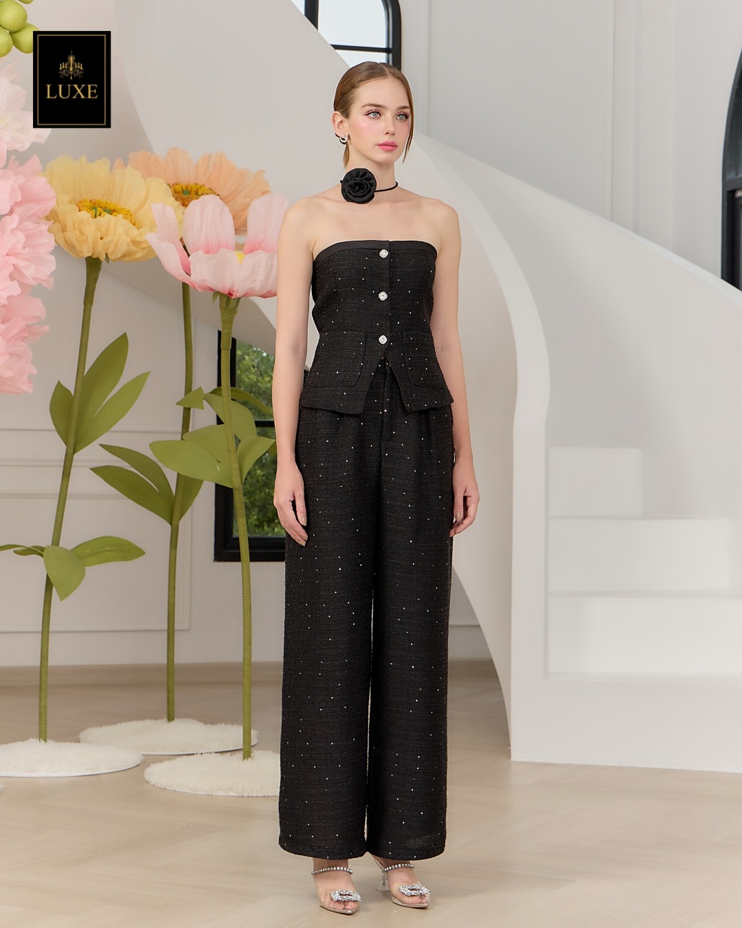 ชุดเซทแฟชั่น เซ็ตเสื้อเกาะอกทรงหลวม+กางเกงเอวสูงขากระบอกกว้าง