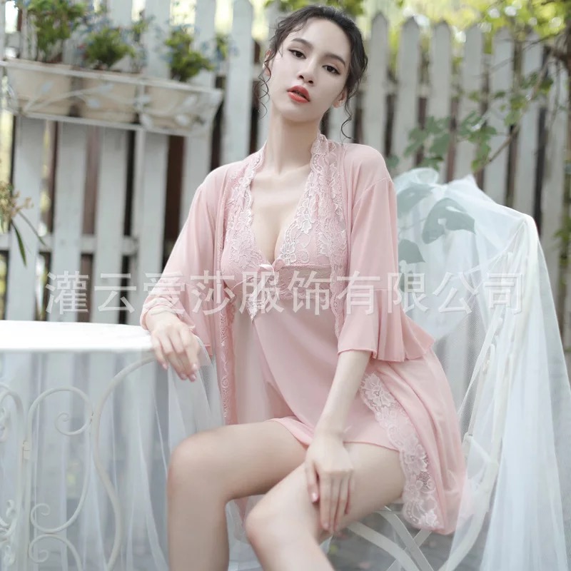 เซ็ทชุดคลุมนอน เซ็ดชุดนอน สายเดี่ยว+ชุดคลุมนอน ซีทรูสีนูทพีช แต่งลูกไม้ สวย หรู งาน เซ็กซี่มากๆคะ สำเนา