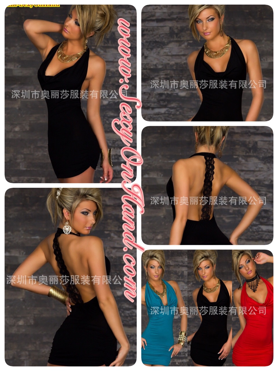 ชุดเที่ยว ชุดออกงาน ชุดปาร์ตี้ เดรสสั้น คอถ่วง แต่งสายลูกไม้พาด เก๋ๆ ด้านหลัง เปลือยโชว์แผ่นหลัง+G-string