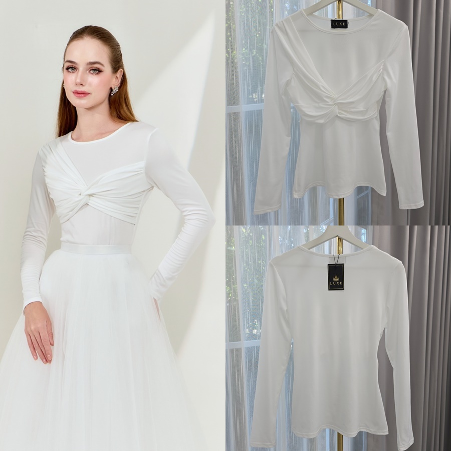 เสื้อแฟชั่น เสื้อคอกลมแขนยาว ลูกเล่นทวิสต์ที่คอเสื้อ ทรงเข้ารูปเล็กน้อย