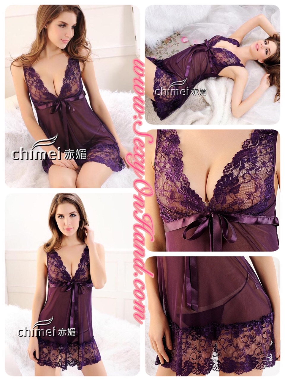 ชุดนอนเซ็กซี่ ชุดนอนซีทรู ชุดนอนสายเดี่ยว แต่งลูกไม้ สีม่วงเข้ม ติดริบบิ้น เพิ่มความหวานใต้อก เนื้อผ้าทิ้งตัว เกรดPremium สวยเซ็กซี่ ยั่วยวนมากๆคะ+G-string