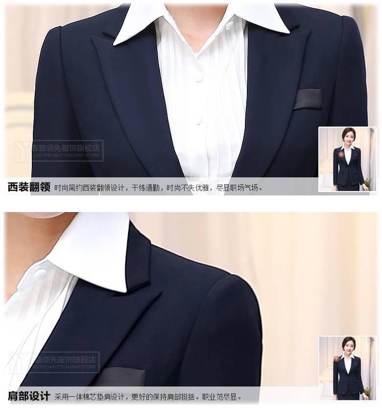 เสื้อผ้าแฟชั่นนำเข้า : เสื้อสูทแฟชั่น พร้อมส่ง สีกรมท่า ผ้าโพลีเอสเตอร์ คอตตอน 100 % เนื้อผ้าดี คุณภาพงานพรีเมี่ยม งานตัดเย็บเนี๊ยบ คอปก แขนยาว ทรงสุดเนี๊ยบ หัวไหล่ยกนิดๆ ติดกระดุมเม็ดเดียวเก๋ เข้ารูปช่วงเอว มีซับใน แต่งกระเป๋าหลอก