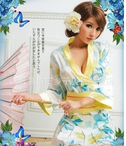 ชุดคอสเพลย์ แฟนซี ญี่ปุ่น กิโมโนสั้น ประยุกต์ ชุดคลุมเซ็กซี่ ลายดอก สีเขียวอมฟ้า แต่งสายคาด และขลิบขอบเหลือง กระโปรงจีบรอบ สวยหวาน น่ารัก แบบคุณหนูโนเน๊ะ +G stringเข้าชุดคะ