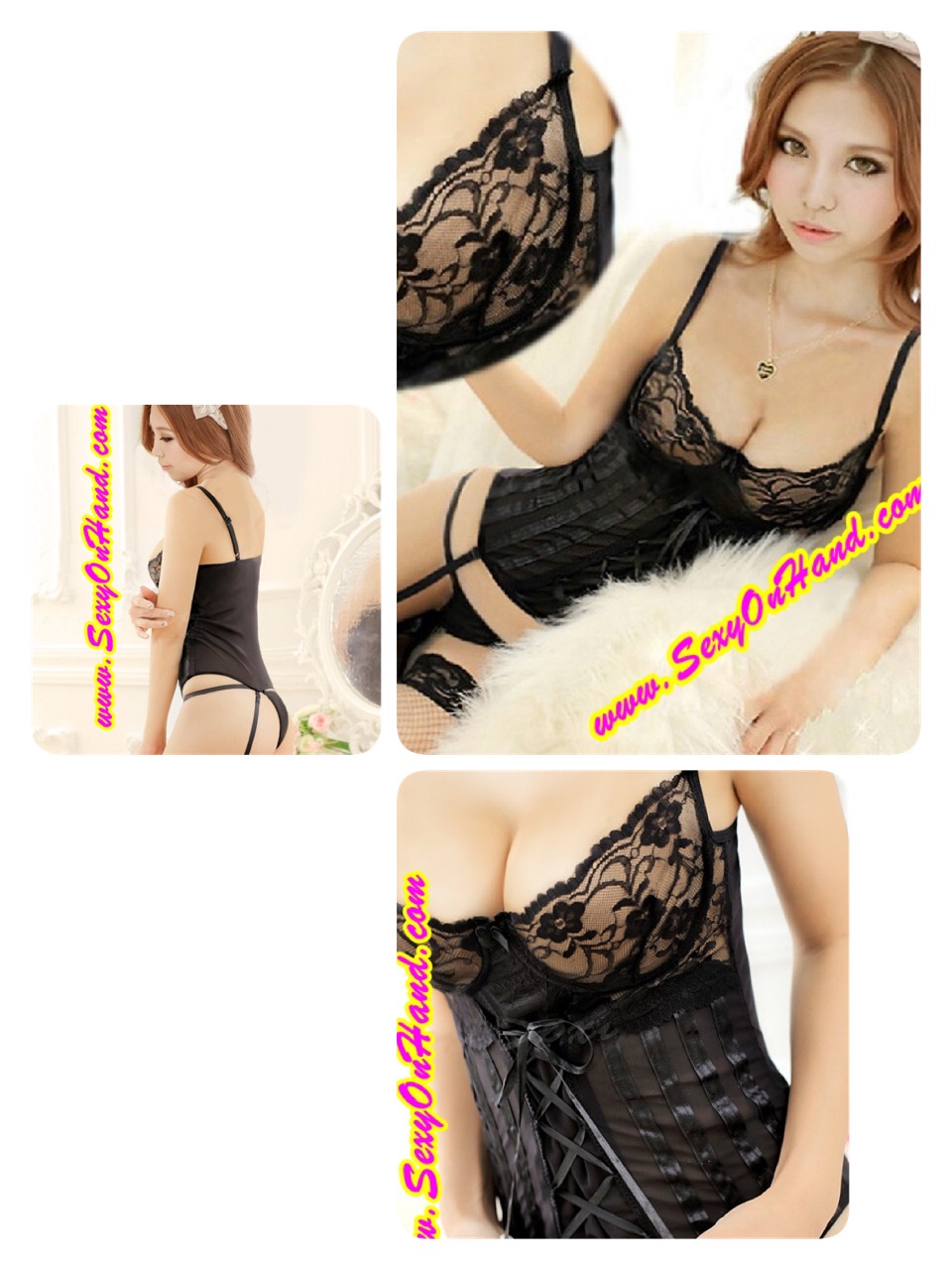 ชุดนอน สไตล์คอร์เซ็ต เซ็กซี่ แต่งลูกไม้ช่วงอก เนื้อผ้าสวย ดูหรูมาก เน้นเนินอก ช่วงลำตัวแต่งริบบิ้นดำลายทาง สลับกับเนื้อผ้าซีทรู สไตล์ไฮโซมากมายคะ ตัวชุดมีสายรัดถุงน่องในตัว(พร้อมกางเกงในจีสตริงเข้าชุด) เซ็กซี่ ยั่วยวนมากๆ