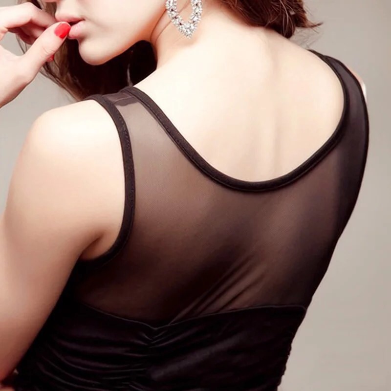 ชุดเดรสสั้น เดรสปาร์ตี้ เดรสออกงาน แขนกุดสีดำ แต่งซีทรูช่วงไหล่ สวยเก๋ คลาสสิค ตัวชุดเย็บแต่งสม็อค สวยหรูมั่กๆคร่า +G-string