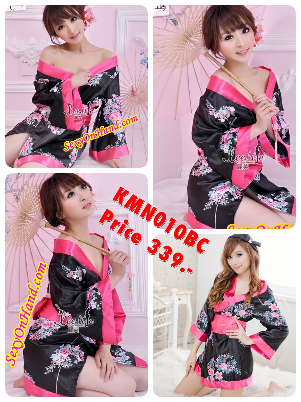 ชุดยูกาตะ กิโมโน เสื้อคลุมญี่ปุ่น ชุดแฟนซี กิโมโนสั้น กิโมโนเซ็กซี่ พื้นดำ ลายดอกชมพู แซมม่วงและเขียว แต่งขอบแถบชมพูเข้ม พร้อมโบว์สำเร็จและสายคาด สีชมพูเข้ม พร้อมสายคาดเอวสีชมพู ติดโบว์ สวยน่ารักมากๆค่ะ