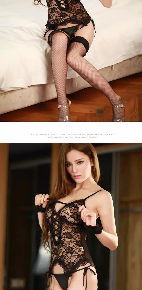 ชุดซีทรู ลูกไม้ สไตล์คอร์เซ็ต แต่งแหวกด้านหน้า +สายรัดถุงน่อง +จีสตริง+ ถุงน่องตาข่ายเข้าชุด+ กุญแจข้อมือแบบผ้า เพิ่มความเซ็กซี่ เย้ายวน สุดๆจร้า