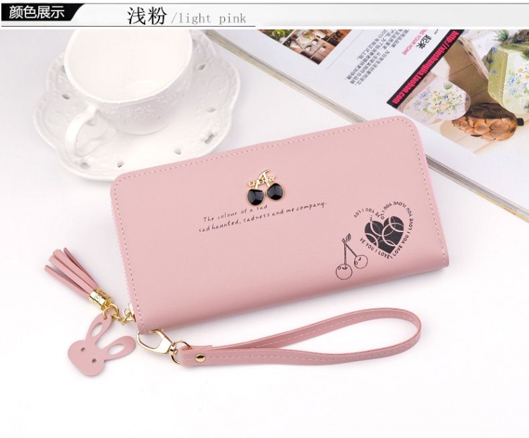 Purse Bags Wallet For Women Ladies Bag Long Pocket Leather กระเป๋าสตางค์ใบยาวแบบซิปรอบ CHERRY มีสายคล้องมือ
