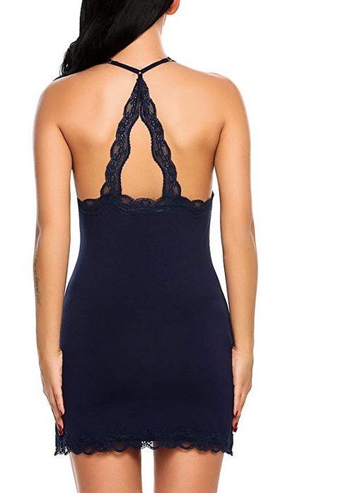 ชุดนอนเดรสสั้น ผ้าไหมญี่ปุ่น น้ำเงิน แต่งสายลูกไม้ด้านหลัง โชว์ ไหล่ เซ็กซี่ สวยเกร๋ size M/L สำเนา สำเนา