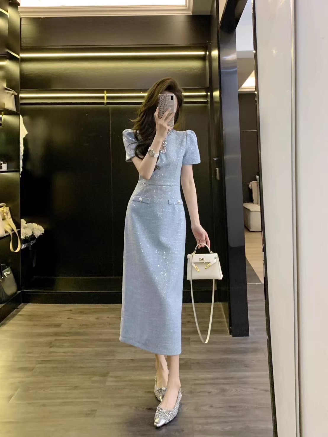 เดรสแฟชั่น เดรสตัวยาวเนื้อผ้าทวีตปักwinkสวยหรูโดดเด่น