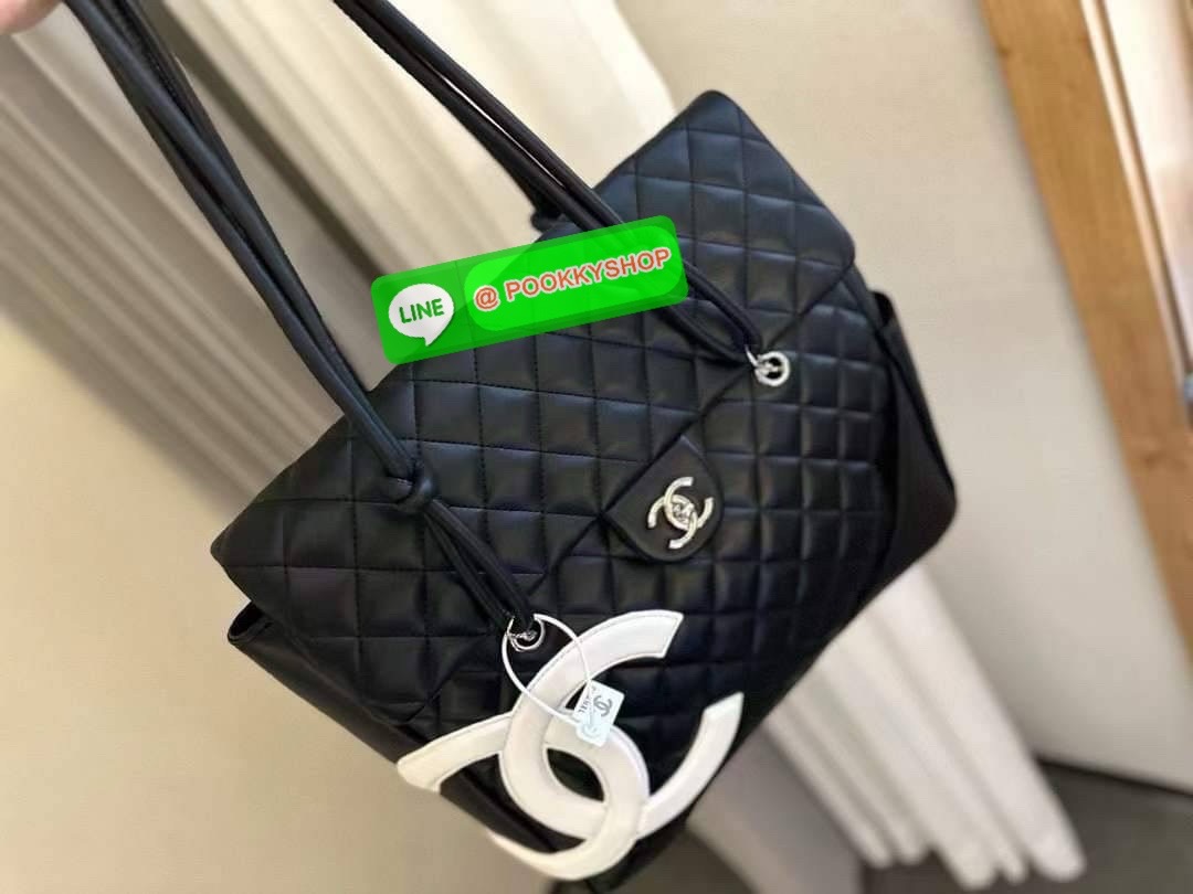 CHANEL Black Lambskin Leather Cambon Handbag Limited Edition White CC Logo RARE