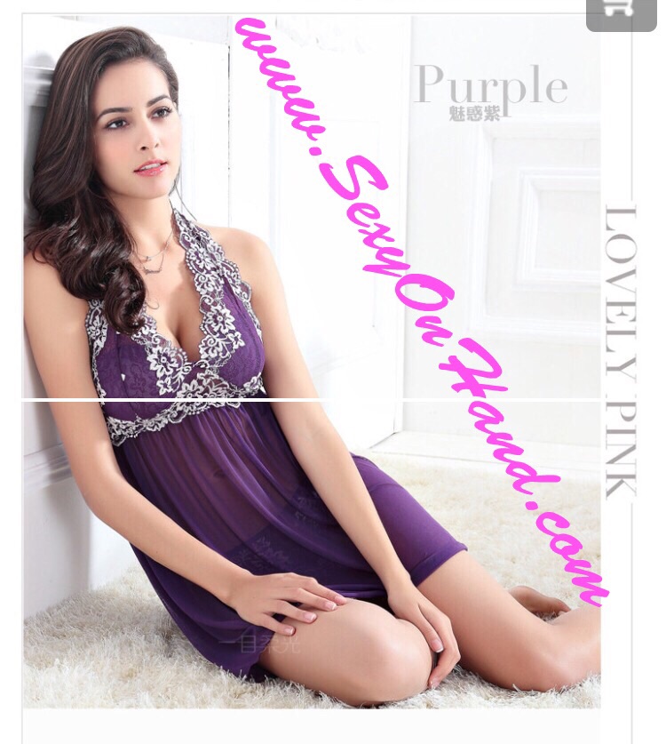 ชุดนอนคล้องคอ ซีทรู สีม่วง แต่งลูกไม้ขาว เนื้อผ้าเกรดพรีเมี่ยม สวยหรู ทิ้งตัว มากๆคะ +G-string แต่งลูกไม้เข้าชุด