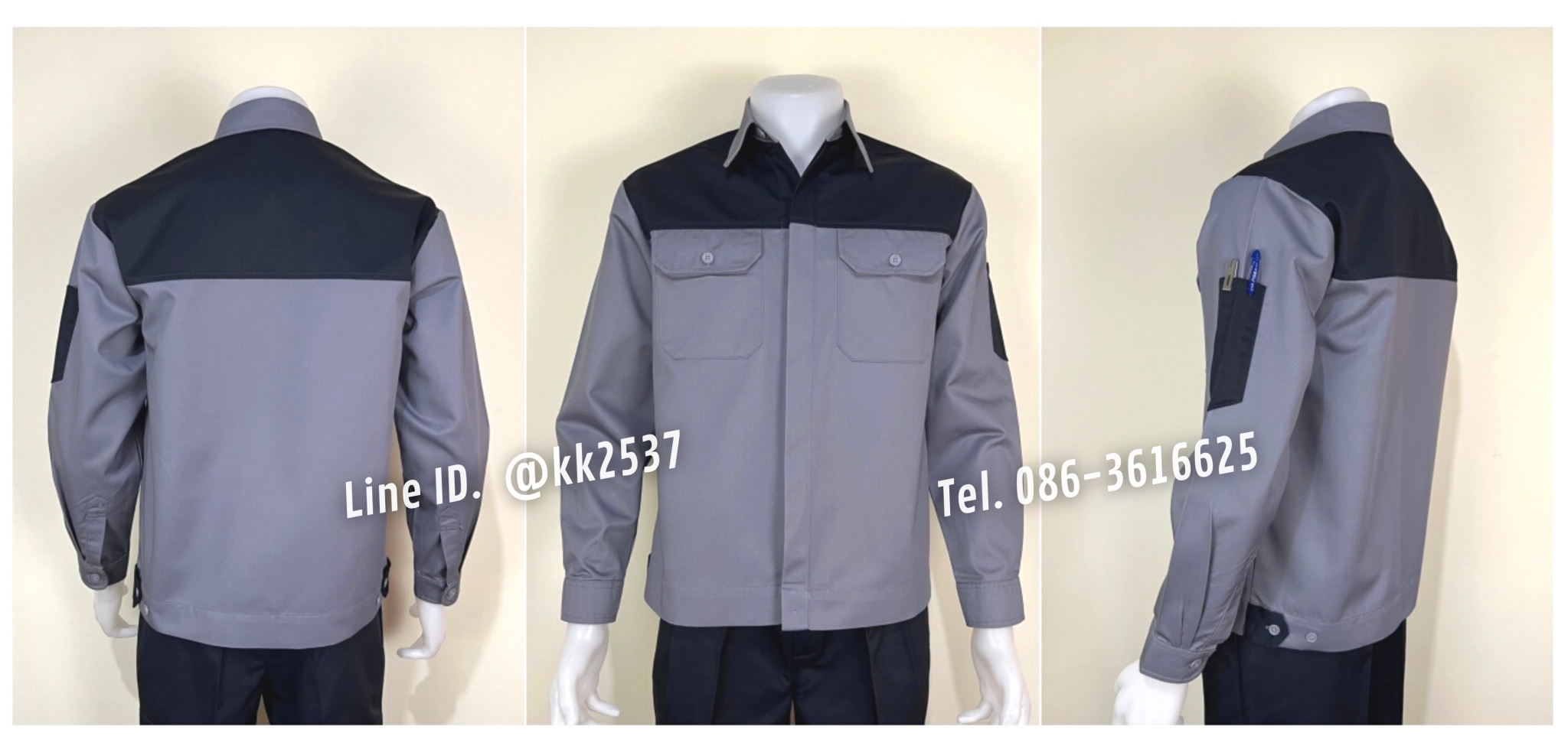 รหัส A 267 เสื้อช่างแขนยาวผ้าคอมทวิวสีเทาอกกรมท่ากระดุมซ่อนสาบ(สั่งตัด)