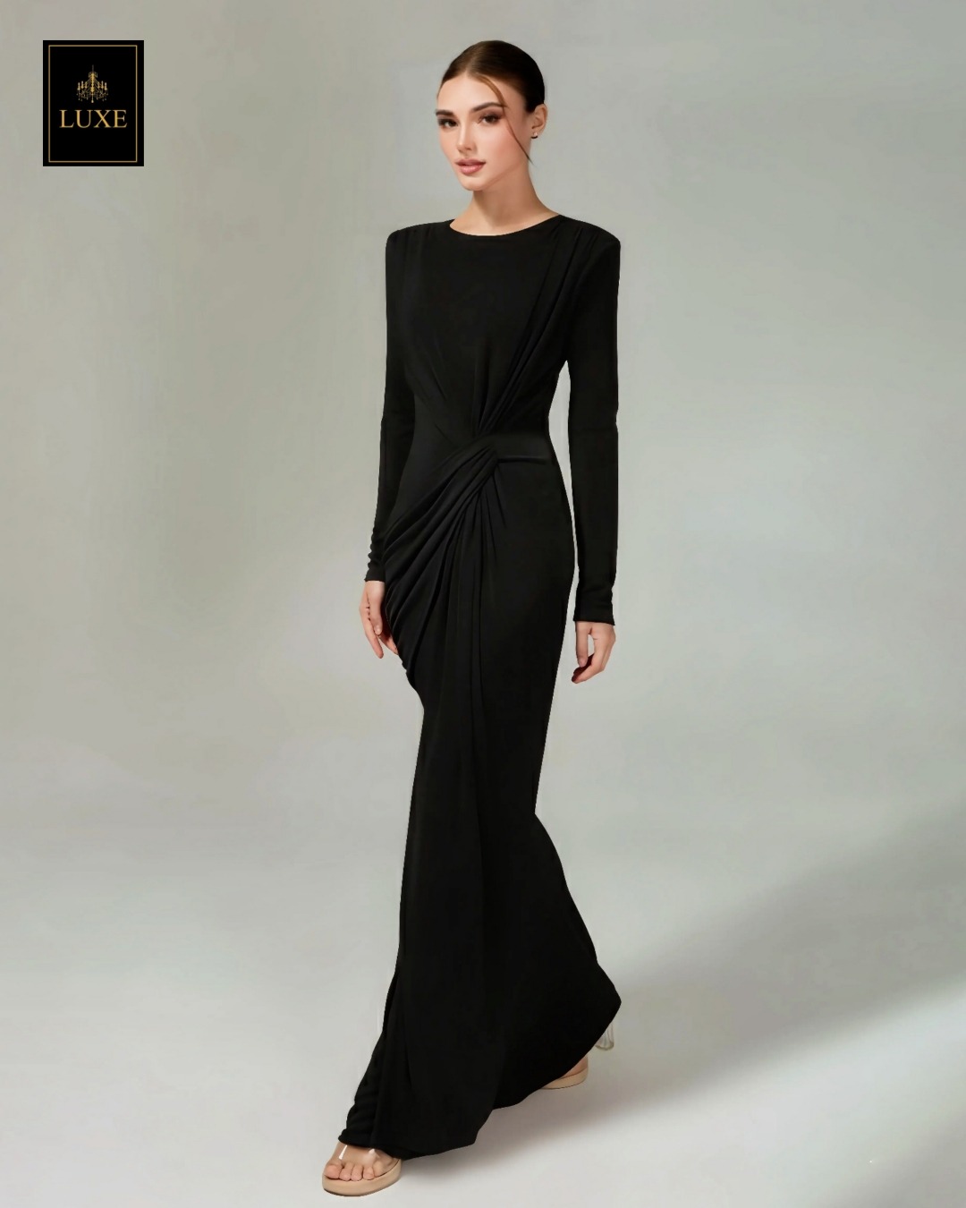 เดรสแฟชั่น แม็กซี่เดรสเสื้อคอกลมแขนยาว เสริมไหล่ กระโปรงยาวคลุมข้อเท้า