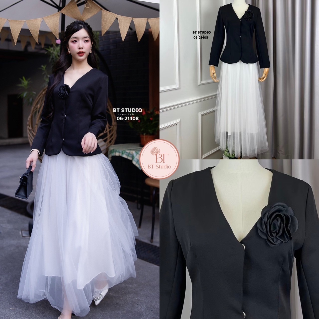 ชุดเซทแฟชั่น เซท 3 ชิ้น เสื้อเบเซอร์แขนยาวแต่งติดแป๊กด้านหน้า มาพร้อมเข็มกลัดโบ แมทซ์กับกระโปรงเอวสูง