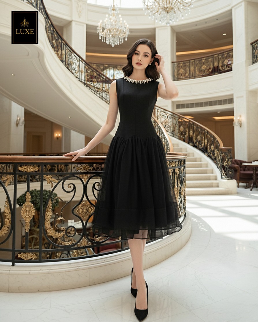 เดรสแฟชั่น เดรสเสื้อคอกลมแขนกุด กระโปรงบาน แต่งลูกปัดมุกรอบคอเสื้อ