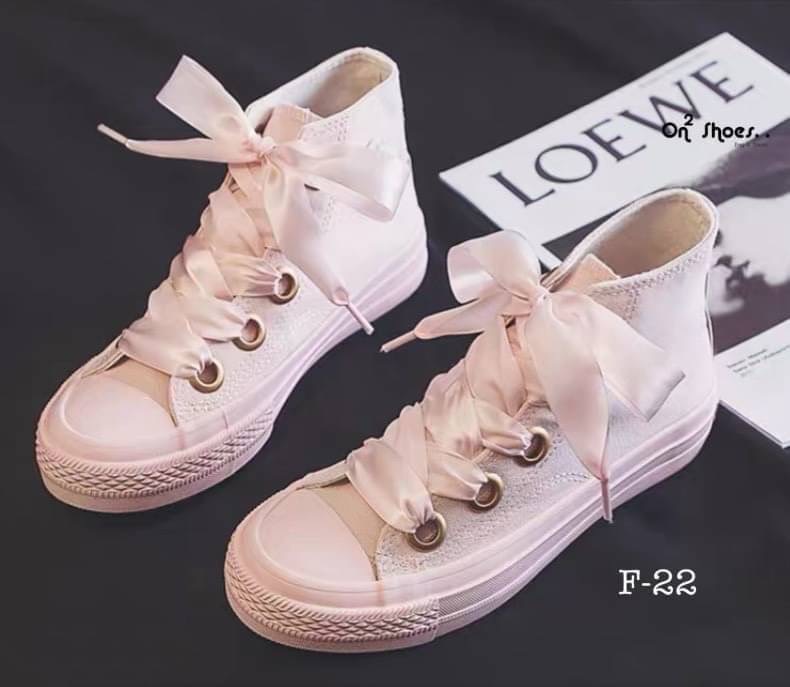รองเท้าผ้าใบหุ้มข้อสไตล์แบรนด์ สายผูกโบว์ งานน่ารักเกาหลีมากกก มี 3 สี