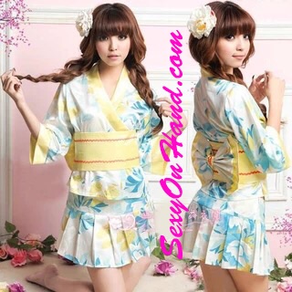 ชุดคอสเพลย์ แฟนซี ญี่ปุ่น กิโมโนสั้น ประยุกต์ ชุดคลุมเซ็กซี่ ลายดอก สีเขียวอมฟ้า แต่งสายคาด และขลิบขอบเหลือง กระโปรงจีบรอบ สวยหวาน น่ารัก แบบคุณหนูโนเน๊ะ +G stringเข้าชุดคะ